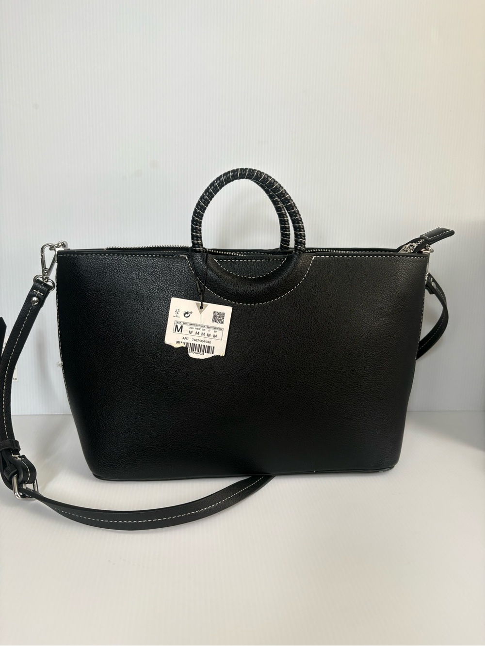 Zara Round Handle Tote Bag Black  Faux Leather Crossbody Bag